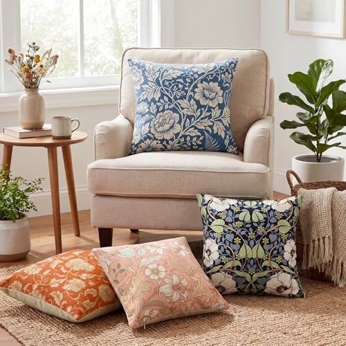 William Morris Floral Pillow Covers Set of 4 - 18x18 Inch Vintage Botanical Design