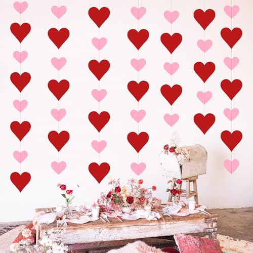 Heart Garland Decorations - 4 Pack Red & Pink Streamers for Valentine's Day