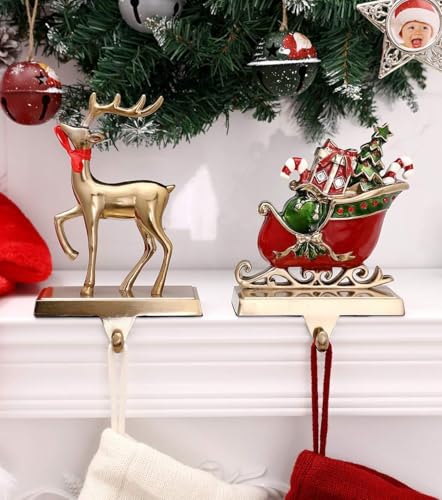 Set of 2 Christmas Stocking Holders with Reindeer & Sled Car Design for Fireplace Mantel Decor