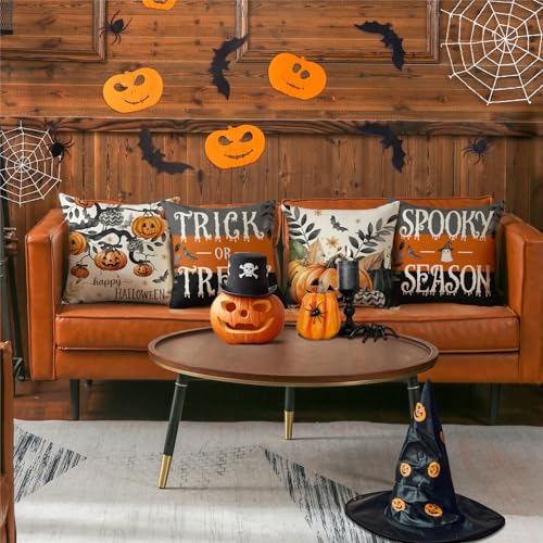 Halloween Pumpkin & Spooky Fall Leaves Throw Pillow Covers Set of 4 18x18
