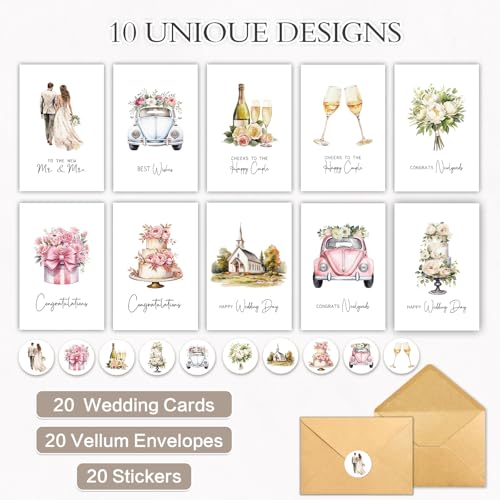 20 Pack Wedding Congratulations Cards with Envelopes - Watercolor Designs