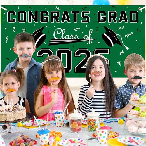 2026 Graduation Decorations - Green Polyester Backdrop & Congrats Grad Banner