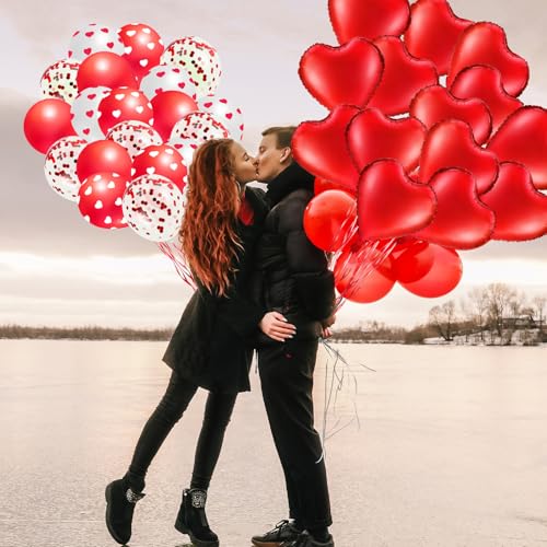 Lunmon 50 Pcs Red Wedding Balloons Kit - 18 Inch Foil & 12 Inch Latex