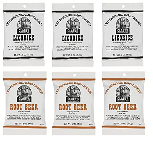 Claeys Old Fashioned Licorice & Root Beer Hard Candy Variety Pack - 6 Ounce (Pack of 6)