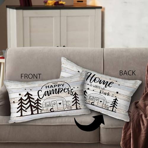 Happy Camper Reversible Throw Pillow Cover 12 x 20 Inch - Wood Grain Camper