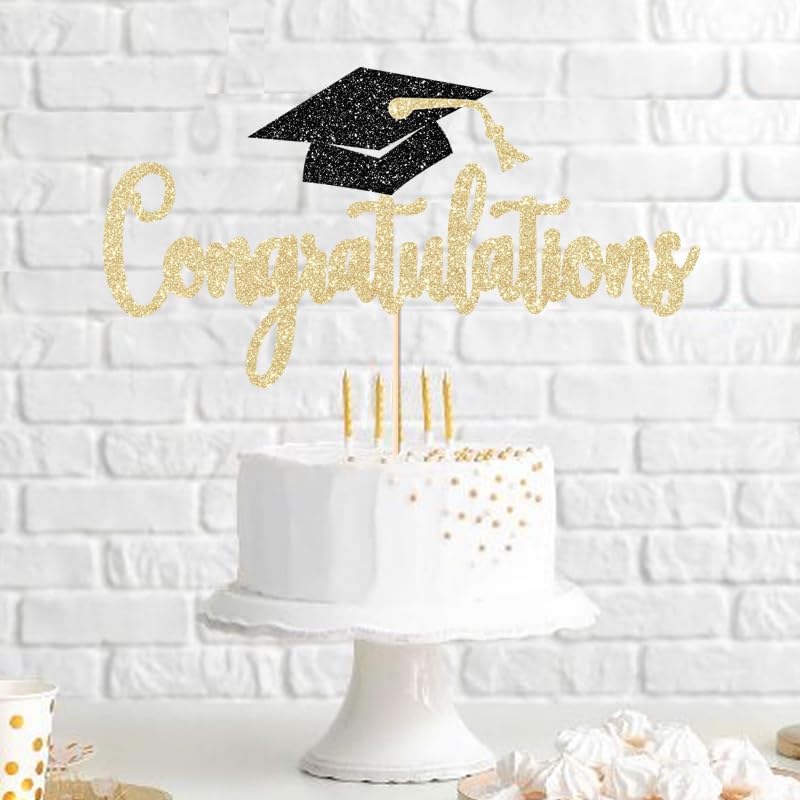 Gold Glitter Graduation Cake Topper for Class of 2026 - Congrats Party Decor