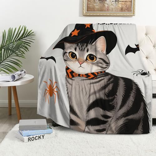 Witch Cat Halloween Throw Blanket, Soft Flannel Fleece, 40x50 Inch