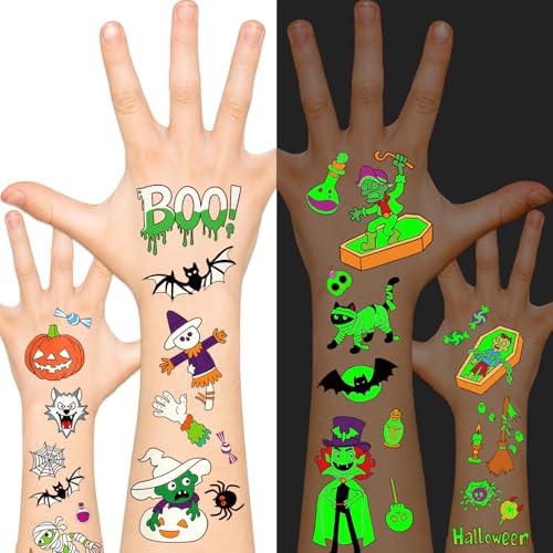 Leesgel 12 Sheets Luminous Halloween Temporary Tattoos for Kids