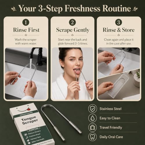 AYOJOY Stainless Steel Tongue Scraper with Travel Case for Fresh Breath