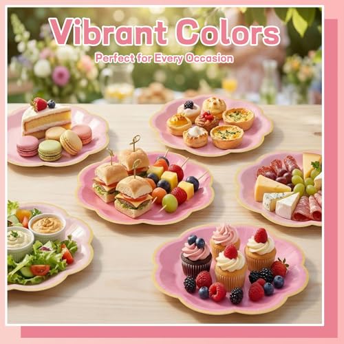 60 Pcs Pink Paper Plates - 7 Inch Gradient with Gold Edge