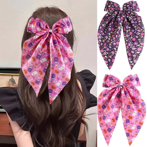 BUNLVDI 2Pcs Halloween Hair Bows Satin Long Tail Clips Pumpkin Ghost
