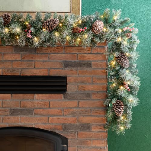 9ft Prelit Christmas Garland with Lights & Timer - Glittered Greenery with Pine Cones & Berries