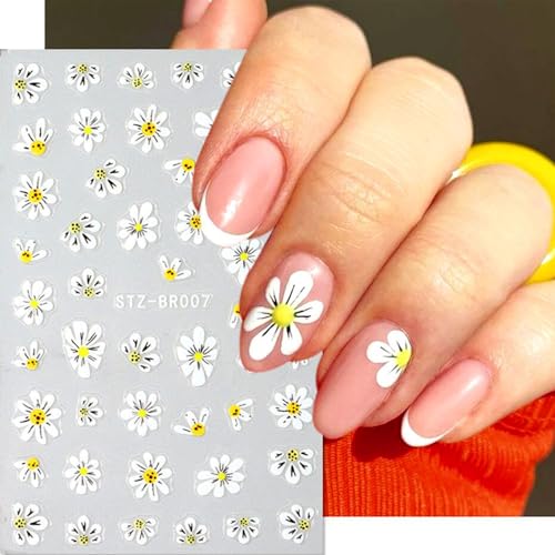3D Floral Nail Stickers Embossed Cherry Blossom Daisy Decals - 3 Pcs