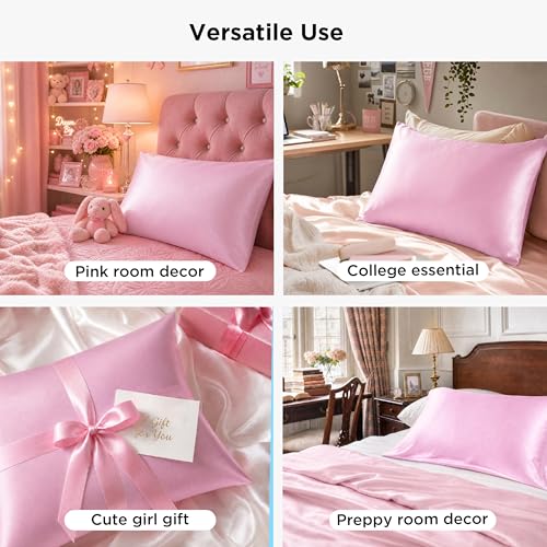 Bedsure Satin Pillowcase Set 2 Pack with Zipper - 20x26 Pink, Silk-Like Bed Pillow Covers