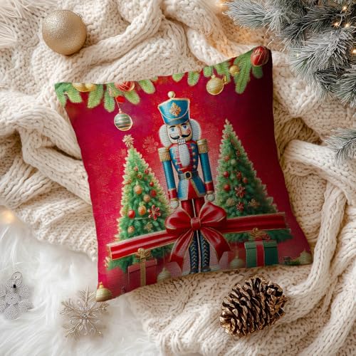 Christmas Nutcracker Soldier Pillow Covers Set of 2 | 18x18 Inch Linen Holiday Cushion for Sofa & Home Decor