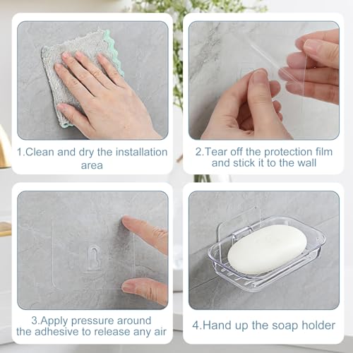 Adhesive Soap Dish for Shower Wall - Self-Draining Clear Plastic Holder