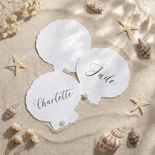 ForraFun 25 Sets Embossed Seashell Wedding Place Cards with Pearl Stickers - Beach Table Decoration