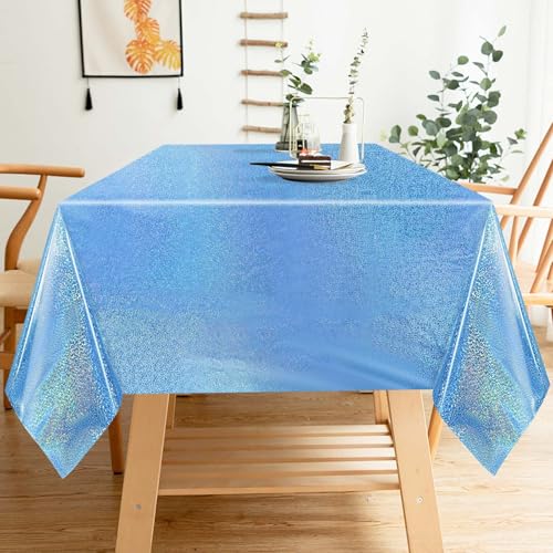 Light Blue Iridescent Plastic Tablecloth - 54 x 108 Inch Disposable Glitz Party Cover, FALIZIFU