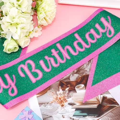 Kicosy Glitter Pink & Green It's My Birthday Sash for Witch-Themed Party