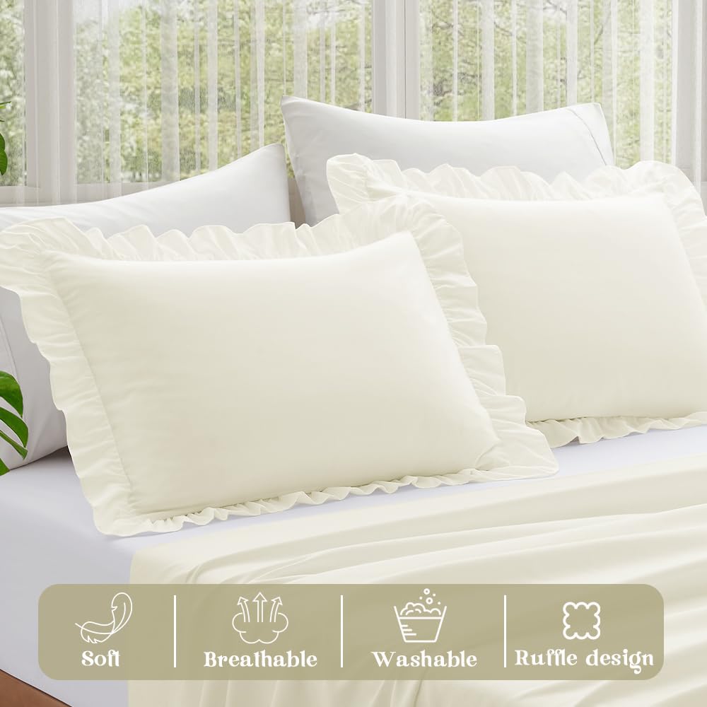 KKJIAF Ruffle Pillow Cases Standard Size Set of 2, Ruffled Pillow Covers with Envelope Closure, Wrinkle Resistant Ruffled Pillow Shams 20" x 26", Beige