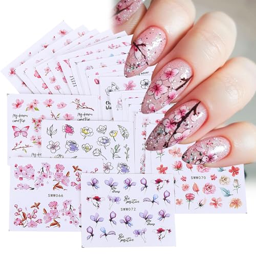 Spring Pink Flower Water Nail Decals 24 Sheets Cherry Blossom Nail Art