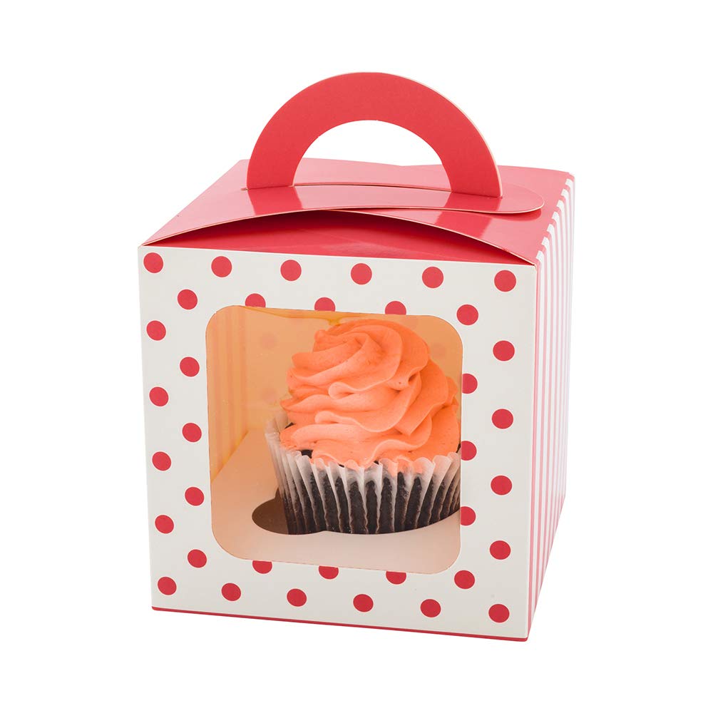 Restaurantware Pastry Tek 4.5 Inch Individual Cupcake Boxes 100 Polka Dots Cupcake Favor Boxes - Fits 1 With Window Pink Paper Cupcake Gift Boxes Built In Handle For Weddings Or Parties