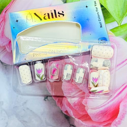 Short Square Floral Press on Nails with Silver Polka Dots (24 Pcs)