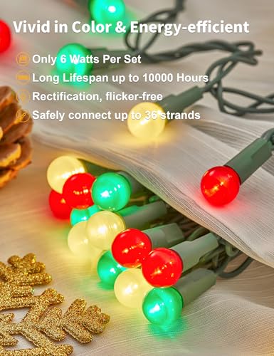 Christmas String Lights 2 Pack 24ft 70 LED G15 Globe Red Green White