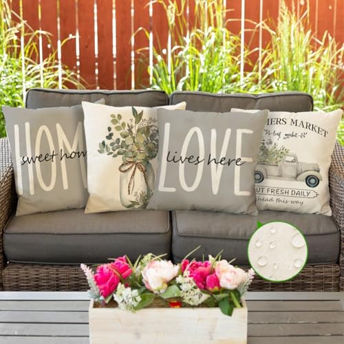 RABUSOFA Farmhouse Waterproof Pillow Covers 20x20 Inch, Gray Set of 4