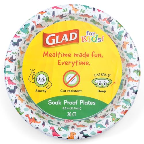 Glad Dinosaur Disposable Paper Plates, 8.5 Inch, Multicolor - 26 Count