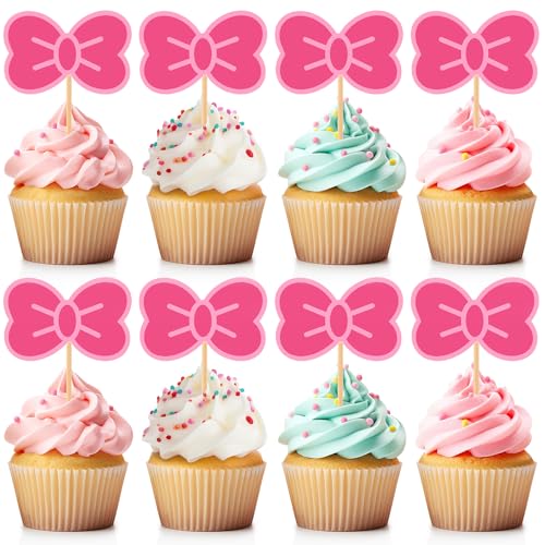 24 Pcs Pink Cat Cupcake Toppers with Bows for Birthday Party Decor