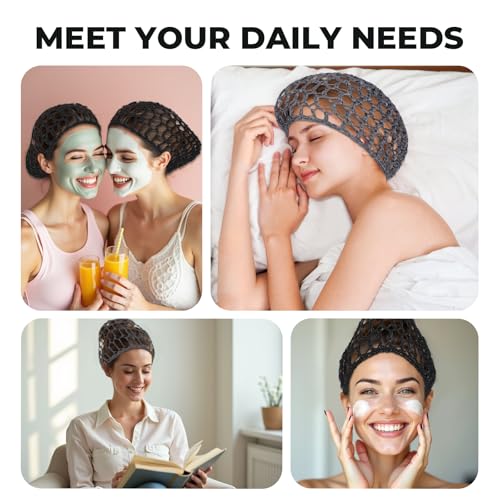 Bremorou 2 Pcs Crochet Hair Nets for Sleeping & Shower - Black & Gray