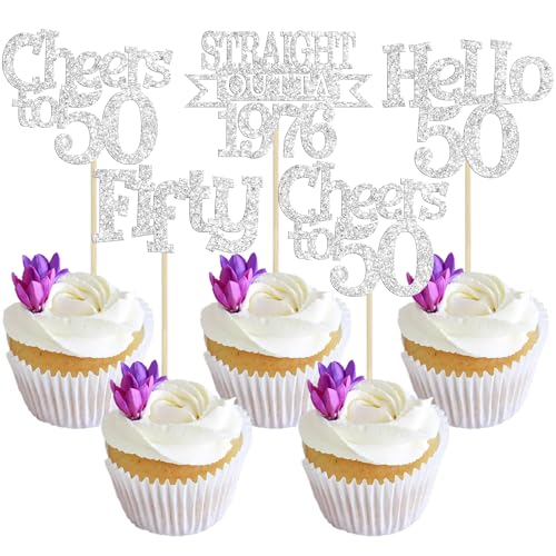 Happy 50th Birthday Cupcake Toppers - 24Pcs Glitter Decorations