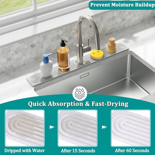 MAGKOTA White Stone Faucet Mat 30" x 4" - Quick Dry Splash Guard
