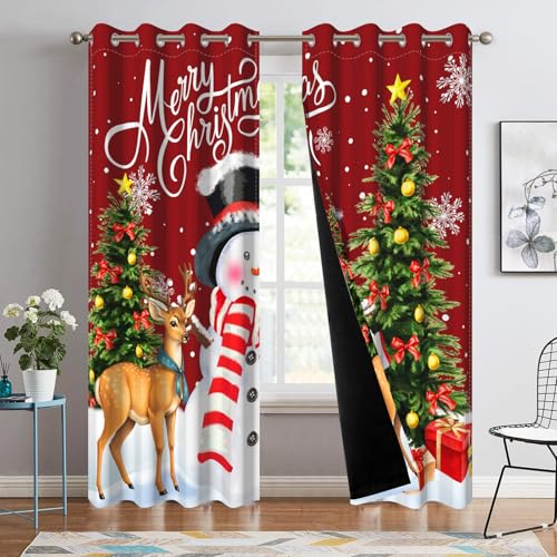 Christmas Snowman Blackout Curtains for Living Room 52x84 Inches - Red White, Pack of 2