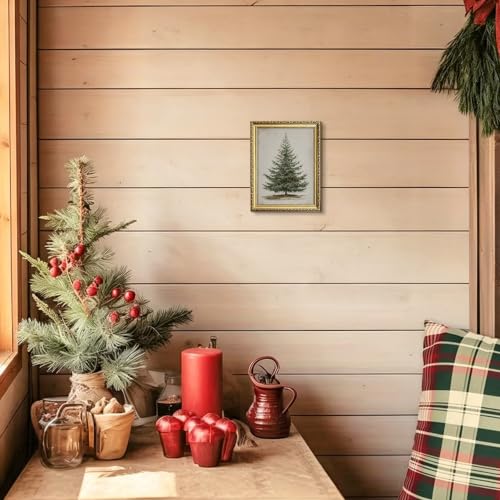 Christmas Tree Wall Art - Framed Evergreen Pine Canvas Print, 10x8 Inches - Gold Frame