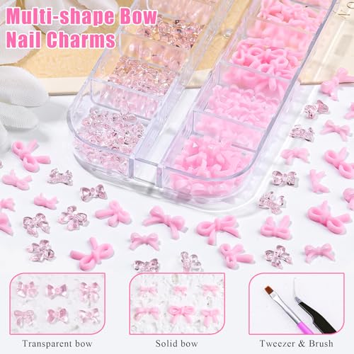 Pink Bow Nail Charms Kit - 3D Resin Kawaii Bowknot Gems with Tweezers and Brush