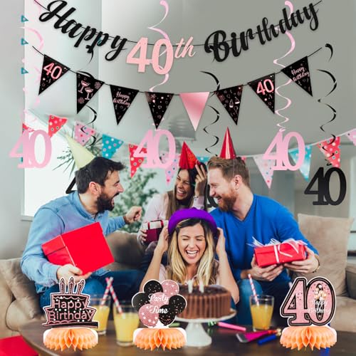 Rose Gold 40th Birthday Decorations Set for Women - Banner & Centerpieces