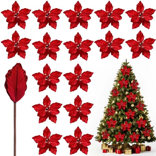 Red Artificial Christmas Poinsettia Flowers Set of 16 - Large Velvet Holiday Decor