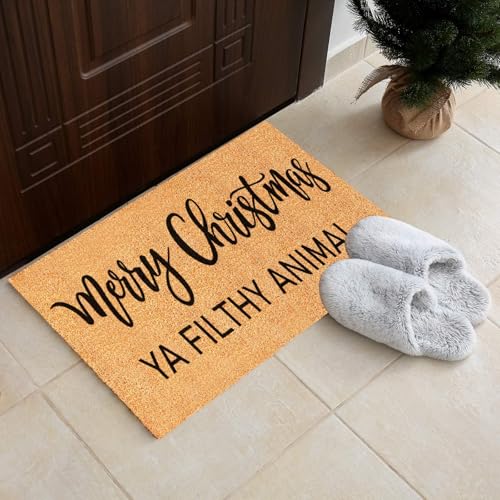 Christmas Doormat Natural Coir Welcome Rug with Funny 'Ya Filthy Animal' Quote 16.5 x 29 Inches