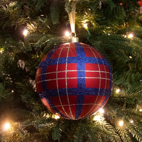 Christmas Tartan Ball Ornaments Set of 4 - Red Blue Plaid 6-Inch