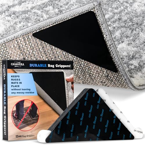 CASAVERA 12 Pcs Non-Slip Rug Grippers, Reusable Triangle Tape for Area Rugs
