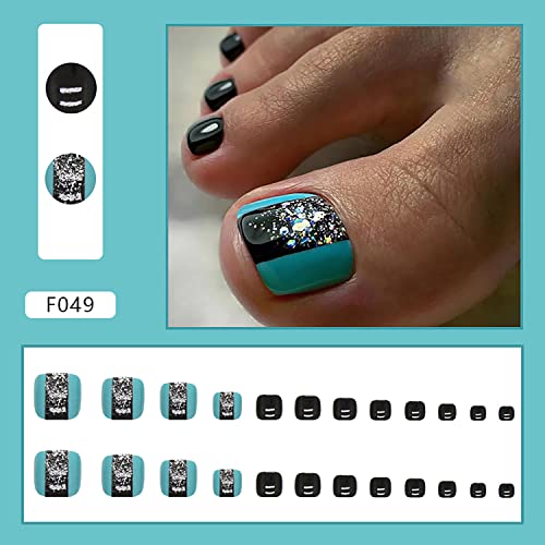 Short Press On Toenails Glossy Square False Toe Nails With Silver Glitter