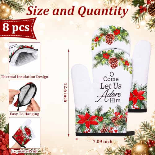 Christian Christmas Oven Mitts Set - Poinsettia Bible Verse & Holiday Floral Design, 4 Pairs