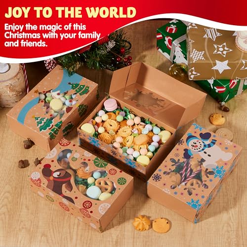 Christmas Cookie Gift Boxes with Window - 12 Pack, Kraft Bakery Tins for Pastries and Baked Goods - Variety of 3 Designs - 8.75 x 5.75 x 2.75 Inches