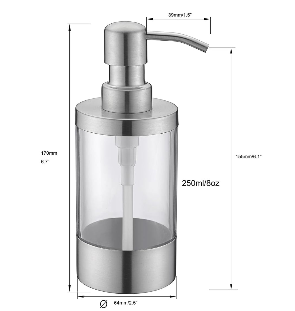 Pirooso Brushed Gold Soap Dispenser - 8oz (250ml) Clear Acrylic Lotion Dispenser with Rust-Proof 304 Stainless Steel Pump, Countertop Dispenser for Bathroom Kitchen