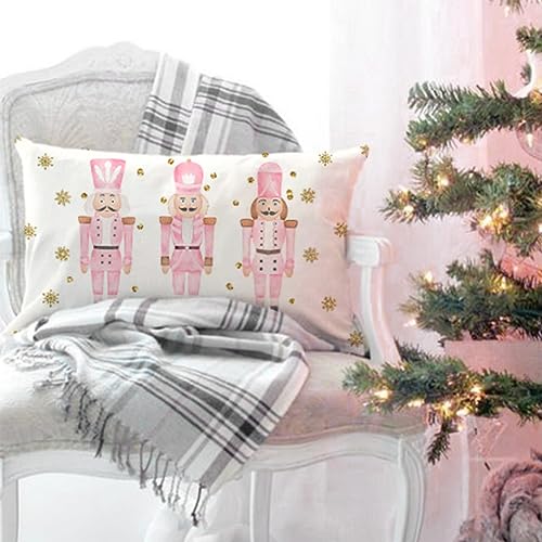 Pink Nutcracker Christmas Pillow Cover 12x20 Inch - Farmhouse Holiday Decor