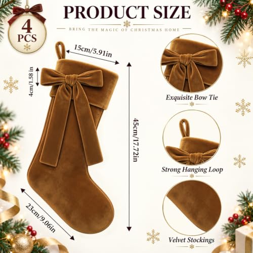 YUJUN 4 Pack 18in Brown Velvet Christmas Stockings Holiday Decor