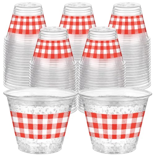 Red Gingham Plastic Cups Bulk 9 oz for Party Decorations - 100 Pack