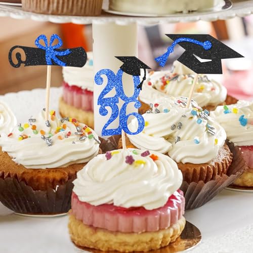 Class of 2026 Graduation Cupcake Toppers Blue Glitter 24 Pack